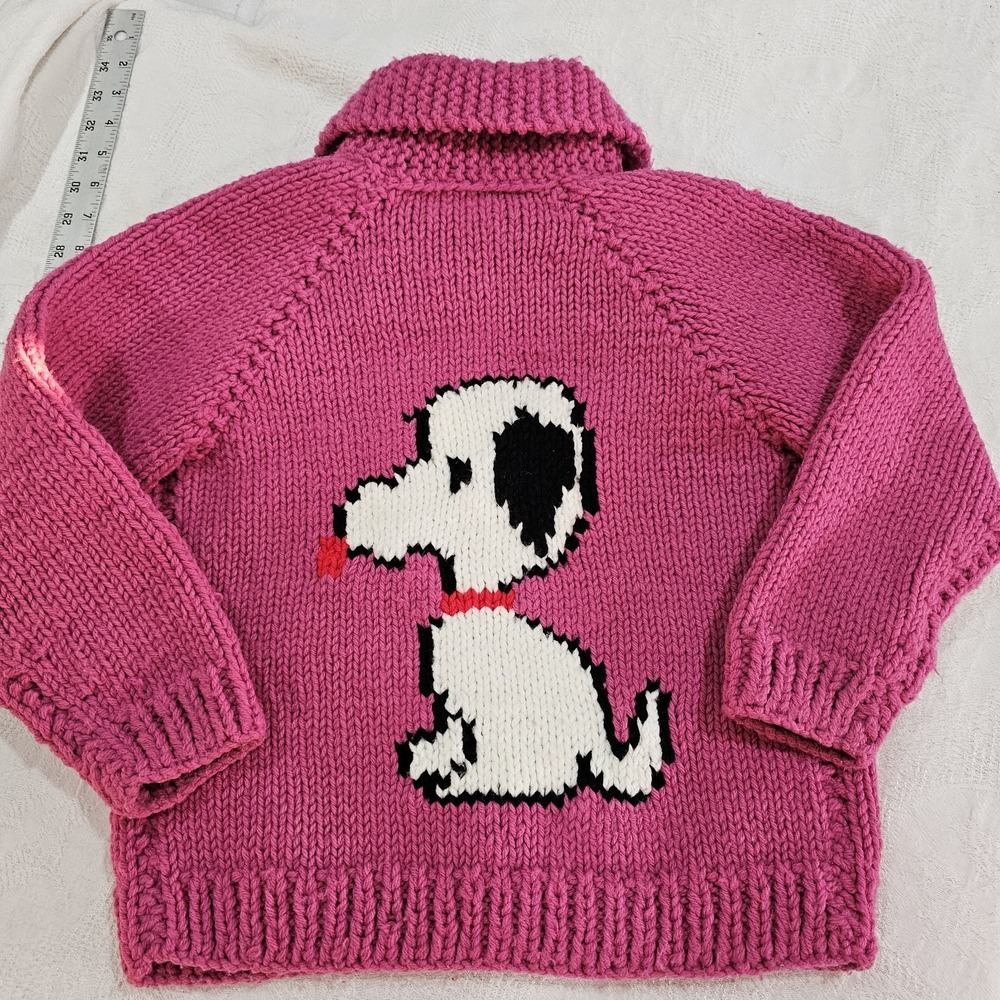 Vintage Handmade Pink Snoopy Knit Hooded Sweater Girls 8 Full Zip Gladys Bayles